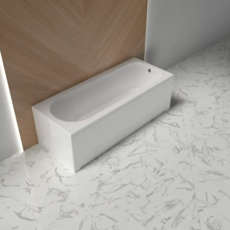 White rectangular bathtub set against a wood-paneled wall in a modern bathroom with a marble floor.