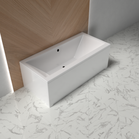 White rectangular bathtub against a wood-paneled accent wall in a modern bathroom with a white marble floor.