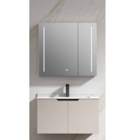 Modern bathroom vanity: wall-mounted mirrored cabinet with vertical LED strips above a beige sink cabinet and black faucet on a marble wall.