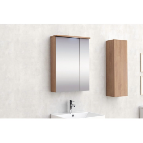 Wall-mounted mirrored cabinet with a wooden frame above a white sink and chrome faucet on a light wall.