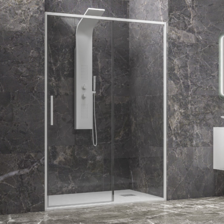 Modern glass-walled shower with a tall shower panel and handheld sprayer in a dark marble bathroom