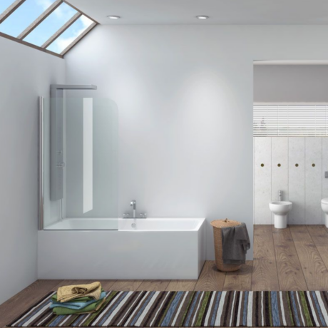 Modern bathroom with white freestanding bathtub, glass shower screen, and a skylight above; striped rug on wood floor.