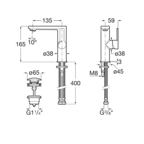 Two-view faucet schematic with dimensions and connection sizes (reach 135 mm, height 165 mm, Ø38, G1¼/G3/8).