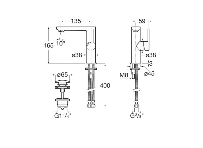 Екранна снимка 2026-08-01 090855 - Мебели за баня и душкабини Two-view faucet schematic with dimensions and connection sizes (reach 135 mm, height 165 mm, Ø38, G1¼/G3/8).