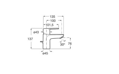 Technical side view of a single-handle faucet with dimension callouts (height 137 mm, reach 135 mm, spout height 76 mm, outlet Ø45 mm).