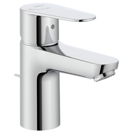 Modern chrome faucet with single lever handle and angled spout, isolated on white background.