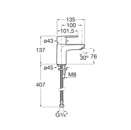 Technical drawing of a tall kitchen faucet with lever; dimensions: total height 407 mm, spout reach 135 mm, spout angle 30°, mounting Ø45 mm, hose with G3/8" thread.