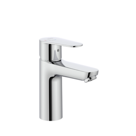 Chrome single-handle basin faucet with a short rectangular spout and rounded base.