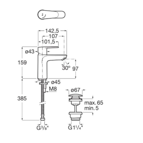 Technical line drawing of a single-handle faucet with dimensions: overall height and reach, hose length, and thread sizes (G3/8 in, M8). Drain assembly with G1/4 in thread shown separately.