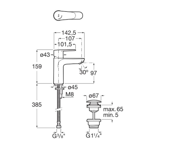 Екранна снимка 2026-08-01 100656 - Мебели за баня и душкабини Technical line drawing of a single-handle faucet with dimensions: overall height and reach, hose length, and thread sizes (G3/8 in, M8). Drain assembly with G1/4 in thread shown separately.
