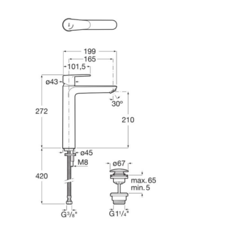Technical schematic of a tall, curved kitchen faucet with overall dimensions, mounting thread details (M8), outlet Ø45, and hose connections.