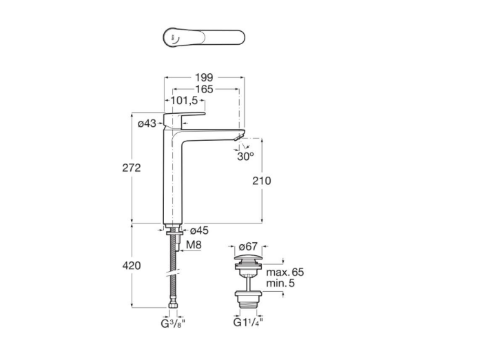 Екранна снимка 2026-08-02 083756 - Мебели за баня и душкабини Technical schematic of a tall, curved kitchen faucet with overall dimensions, mounting thread details (M8), outlet Ø45, and hose connections.