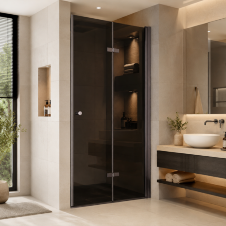 Modern bathroom with a glass-walled shower, beige tiles, and a vessel sink on a dark wood vanity.