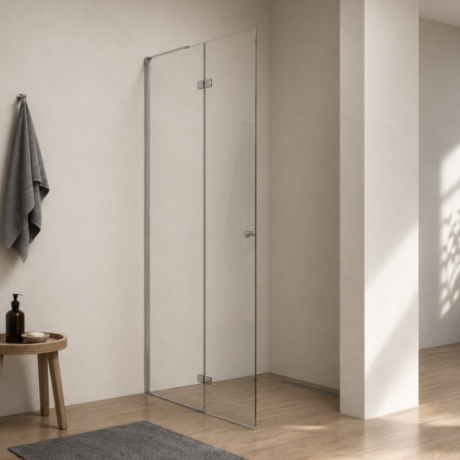 Frameless glass shower door in a minimalist bathroom, with a gray towel on a hook and a round wooden stool holding bath products.