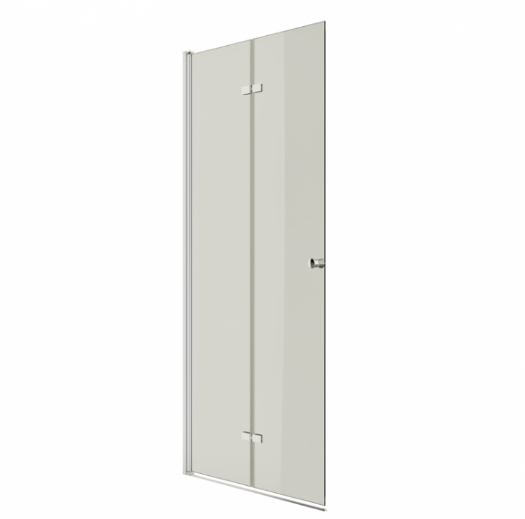 Екранна снимка 2026-08-02 094625 - Мебели за баня и душкабини Tall frameless glass shower door with a vertical metal handle and two hinge brackets, shown in a clean white setting.