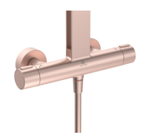 Екранна снимка 2026-08-03 084827 - Мебели за баня и душкабини Rose-gold wall-mounted thermostatic shower mixer with horizontal bar and vertical riser.