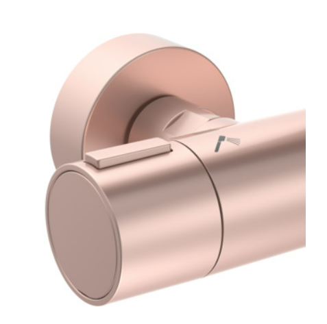 Екранна снимка 2026-08-03 084837 - Мебели за баня и душкабини Rose‑gold cylindrical roller assembly with a wheel‑like end cap and a small mounting bracket on top, shown at an angled perspective.