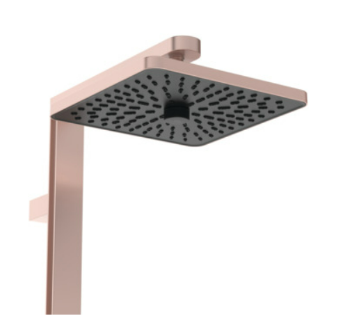 Екранна снимка 2026-08-03 084853 - Мебели за баня и душкабини Rose-gold square rainfall shower head mounted on a vertical shower arm, seen from below.