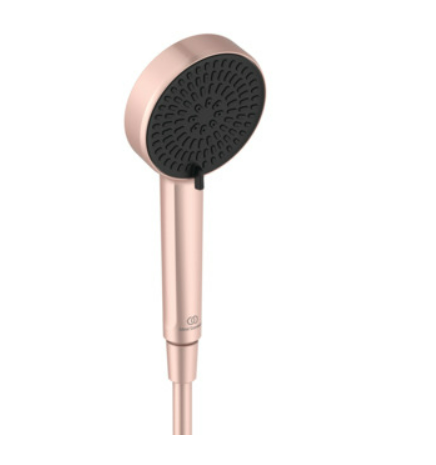 Екранна снимка 2026-08-03 084902 - Мебели за баня и душкабини Rose-gold handheld shower head with a round black spray face and a long slim handle on a hose.