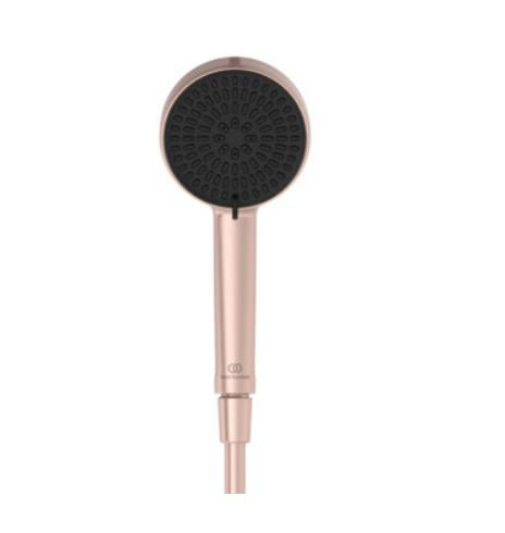 Екранна снимка 2026-08-03 084915 - Мебели за баня и душкабини Rose-gold handheld showerhead with a black circular spray face attached to a flexible hose.