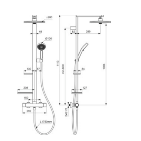 Technical drawing of a dual-shhower system with an overhead rainfall head and handheld spray on a vertical rail, with detailed millimeter dimensions.