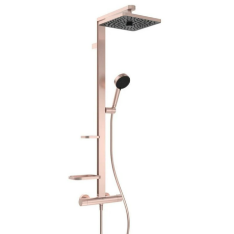 Rose‑gold shower panel with a square rainfall head, a handheld shower, and three built‑in shelves on a vertical rail