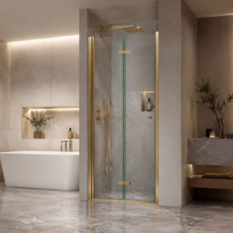 Luxurious bathroom with a glass shower enclosure featuring gold trim and a freestanding white tub nearby.