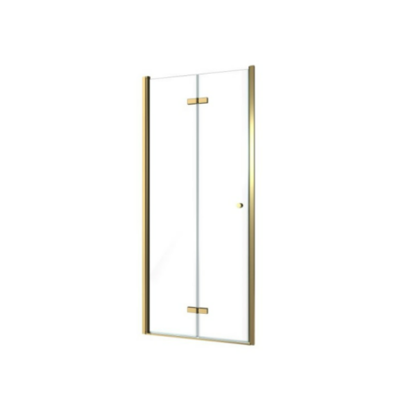 Glass door with gold trim and metal frame, featuring a small right-side knob and vertical support in the center
