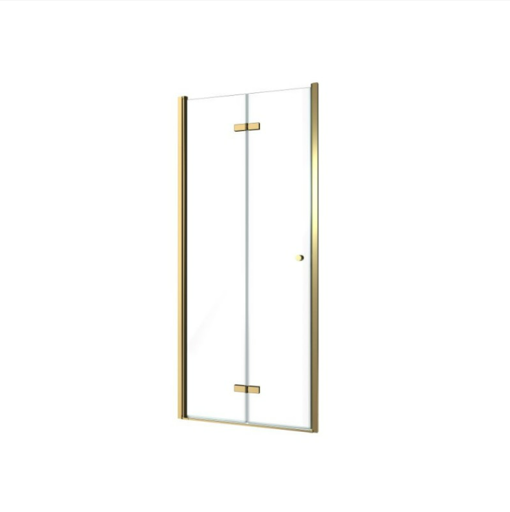 Екранна снимка 2026-08-03 093414 - Мебели за баня и душкабини Glass door with gold trim and metal frame, featuring a small right-side knob and vertical support in the center