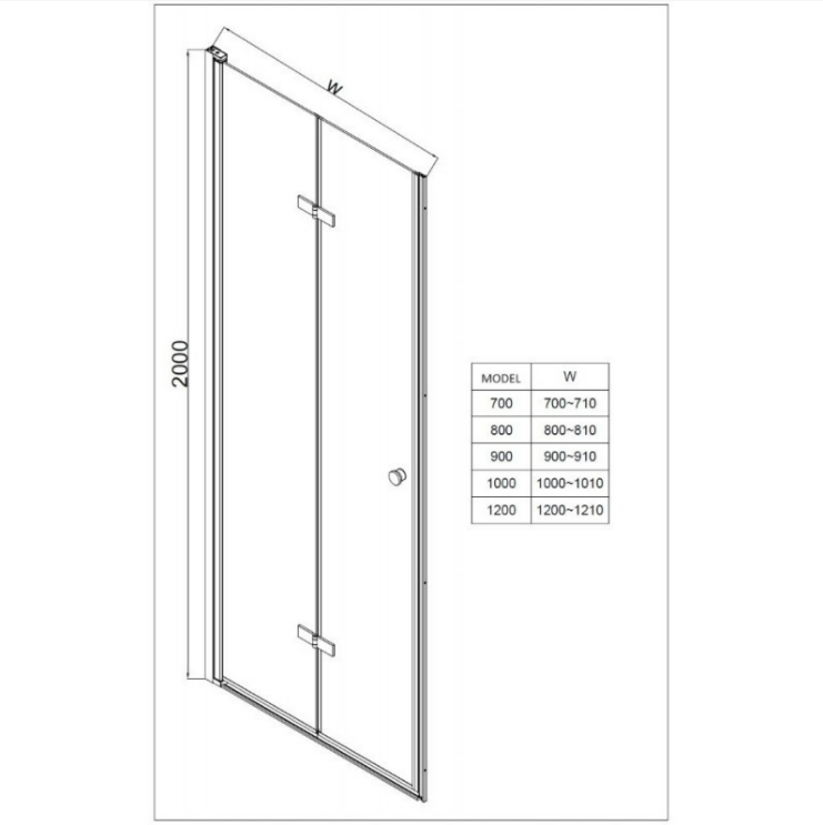 Екранна снимка 2026-08-03 093455 - Мебели за баня и душкабини Isometric diagram of a framed glass door, 2000 mm tall, with model-width range table nearby and W labeled top beam.