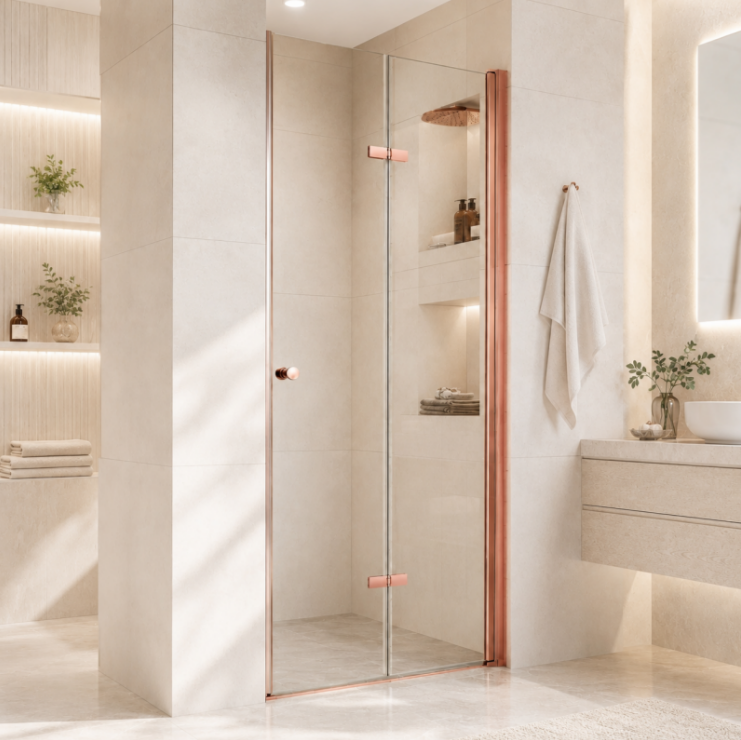 Екранна снимка 2026-08-03 094525 - Мебели за баня и душкабини Modern beige bathroom with a glass shower door framed in copper, plus illuminated open shelves with towels and plants.