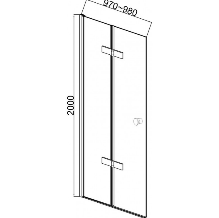 Екранна снимка 2026-08-03 094603 - Мебели за баня и душкабини Technical drawing of a tall double door with a central vertical divider, two latch-like brackets along the center, and a knob on the right panel; dimensions show 2000 mm height and 970–980 mm width.