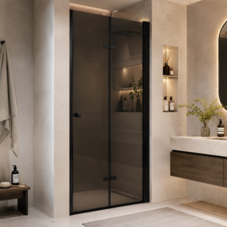 Modern bathroom with a glass-framed shower, beige walls, and a floating wooden vanity with a mirror and plants nearby.
