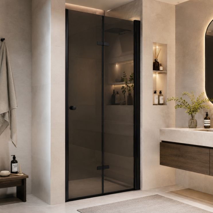 Екранна снимка 2026-08-03 095522 - Мебели за баня и душкабини Modern bathroom with a glass-framed shower, beige walls, and a floating wooden vanity with a mirror and plants nearby.