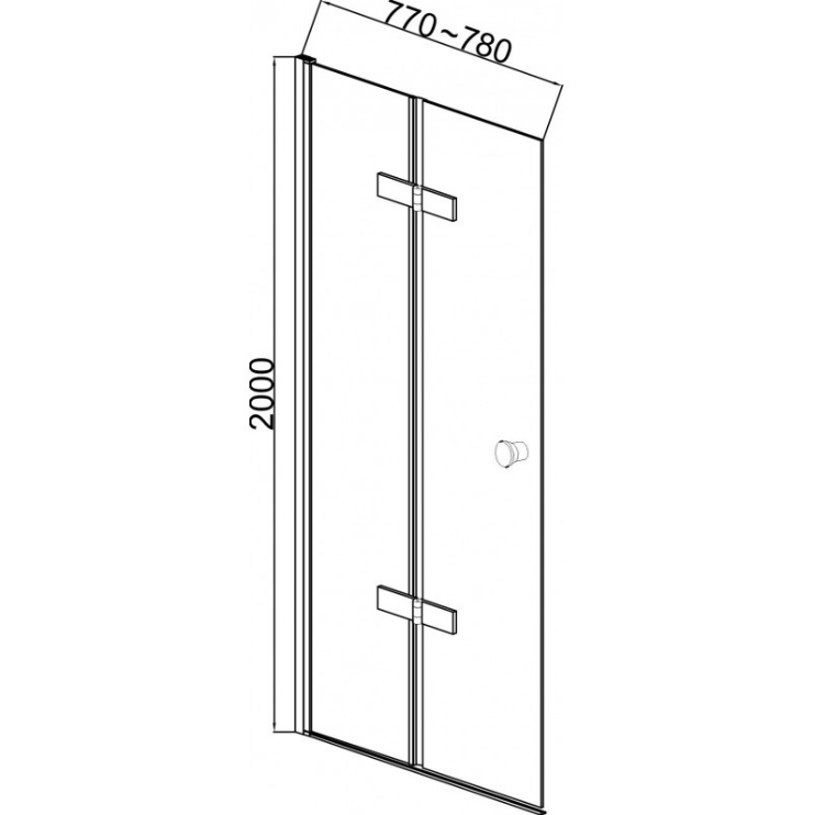 Екранна снимка 2026-08-03 095543 - Мебели за баня и душкабини Technical illustration of a tall door/cabinet with a central seam, a knob on the right side, and dimension labels showing 2000 mm height and 770–780 mm width.