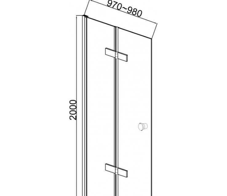 Екранна снимка 2026-08-03 095625 - Мебели за баня и душкабини Technical drawing of a tall rectangular door panel (2000 mm high, 970–980 mm wide) with a vertical frame, door handle, and hinges.