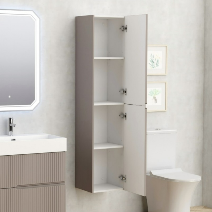 Екранна снимка 2026-08-03 201302 - Мебели за баня и душкабини Tall wall-mounted cabinet with open doors showing multiple white shelves beside a modern sink and toilet in a bathroom.
