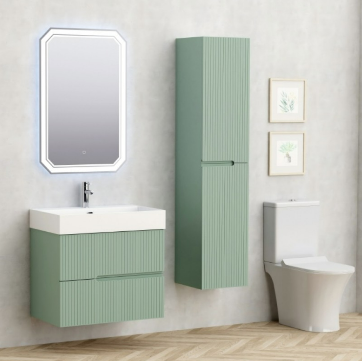 Екранна снимка 2026-08-03 202746 - Мебели за баня и душкабини Mint green wall-mounted vanity with white sink next to a tall cabinet and a backlit, framed mirror in a modern bathroom setup.