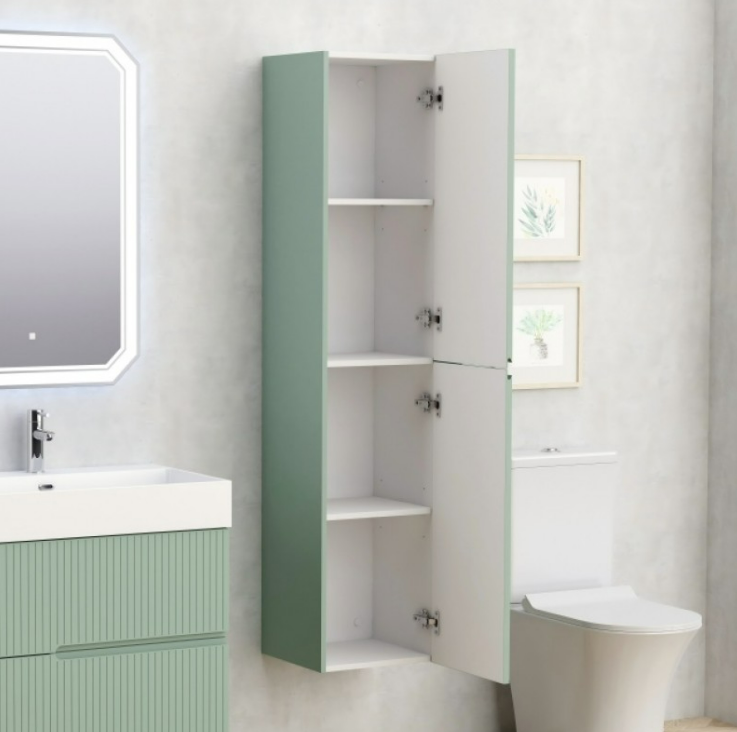 Екранна снимка 2026-08-03 202805 - Мебели за баня и душкабини Tall mint-green bathroom cabinet with open doors revealing white shelves beside a mint vanity and toilet.