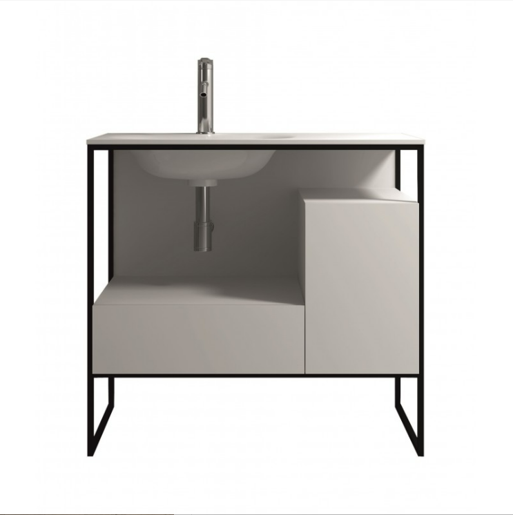 Екранна снимка 2026-08-04 075625 - Мебели за баня и душкабини Modern white bathroom vanity with a round sink, exposed plumbing, and a black metal frame; open lower shelf and a right-side cabinet area visible.