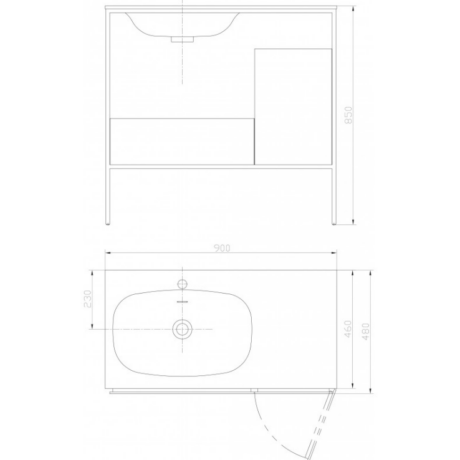 Blueprint-style drawing of a bathroom vanity with integrated sink, showing front elevation and top plan with dimensions: 900 mm wide, 850 mm tall.