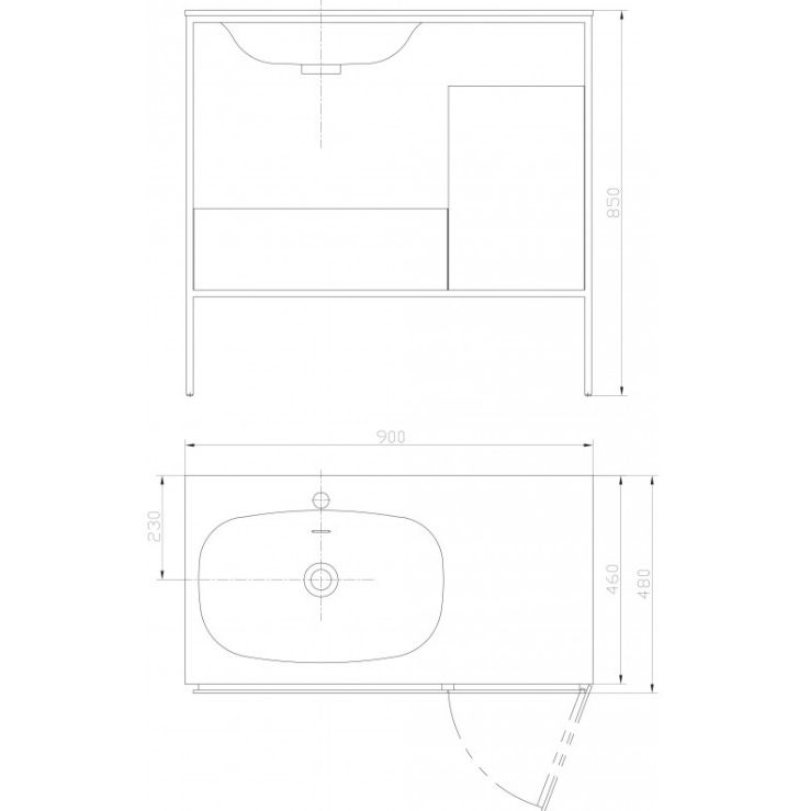 Екранна снимка 2026-08-04 075707 - Мебели за баня и душкабини Blueprint-style drawing of a bathroom vanity with integrated sink, showing front elevation and top plan with dimensions: 900 mm wide, 850 mm tall.