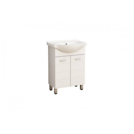 White freestanding bathroom vanity with a built-in sink, two drawers and two cabinet doors on metal legs.
