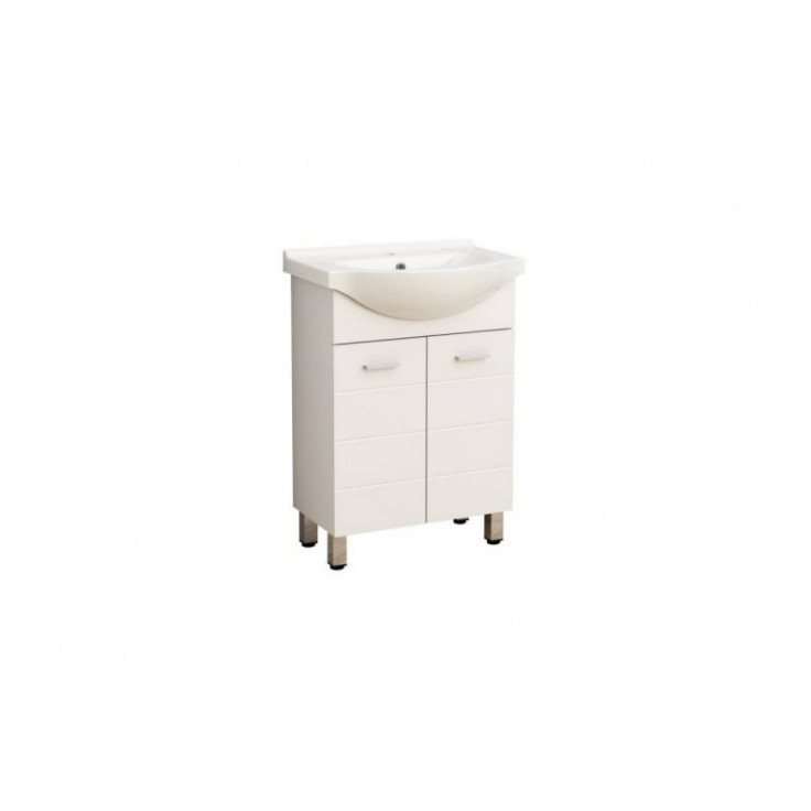 Екранна снимка 2026-08-04 081247 - Мебели за баня и душкабини White freestanding bathroom vanity with a built-in sink, two drawers and two cabinet doors on metal legs.