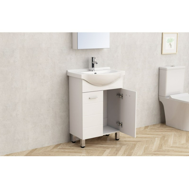 Екранна снимка 2026-08-04 081309 - Мебели за баня и душкабини White bathroom vanity with sink; cabinet doors open showing storage, next to a toilet in a modern bathroom