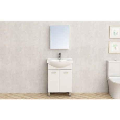 Modern bathroom with a white vanity sink, mirror above, and a toilet to the right on a light wood floor.