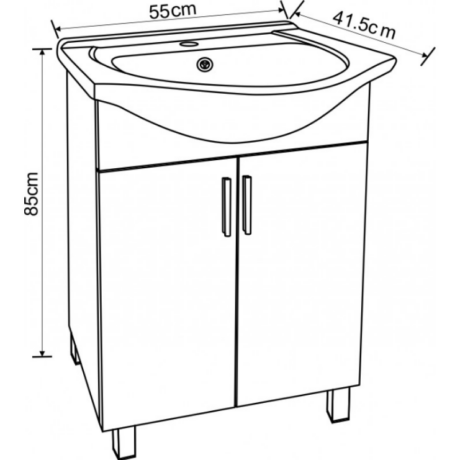 Bathroom vanity with integrated sink and two-door cabinet; overall size 85 cm tall, 55 cm wide, 41.5 cm deep with a curved basin edge.