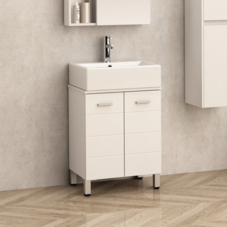 White bathroom vanity with a rectangular sink and chrome faucet, two doors and drawers, on a light wood floor.