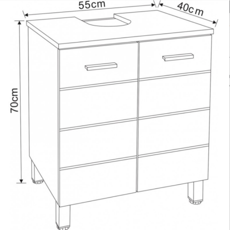 Line drawing of a freestanding bathroom vanity with two columns of drawers, a curved sink cutout on top, raised on legs with adjustable feet; overall height 70 cm, width 55 cm, depth 40 cm.