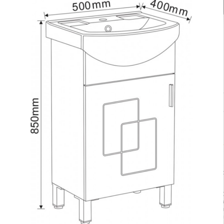 Line drawing of a freestanding bathroom vanity with curved sink, showing dimensions: height 850 mm, width 500 mm, depth 400 mm; cabinet door with a vertical handle and decorative overlapping panels.
